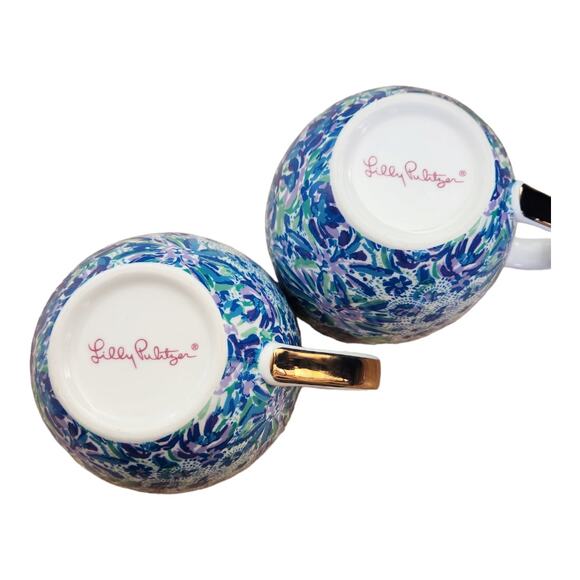 Lilly Pulitzer Set of (2) 12 Ounce Blue Ceramic Coffee Tea Mug Gold Handle NWOT - Picture 4 of 6